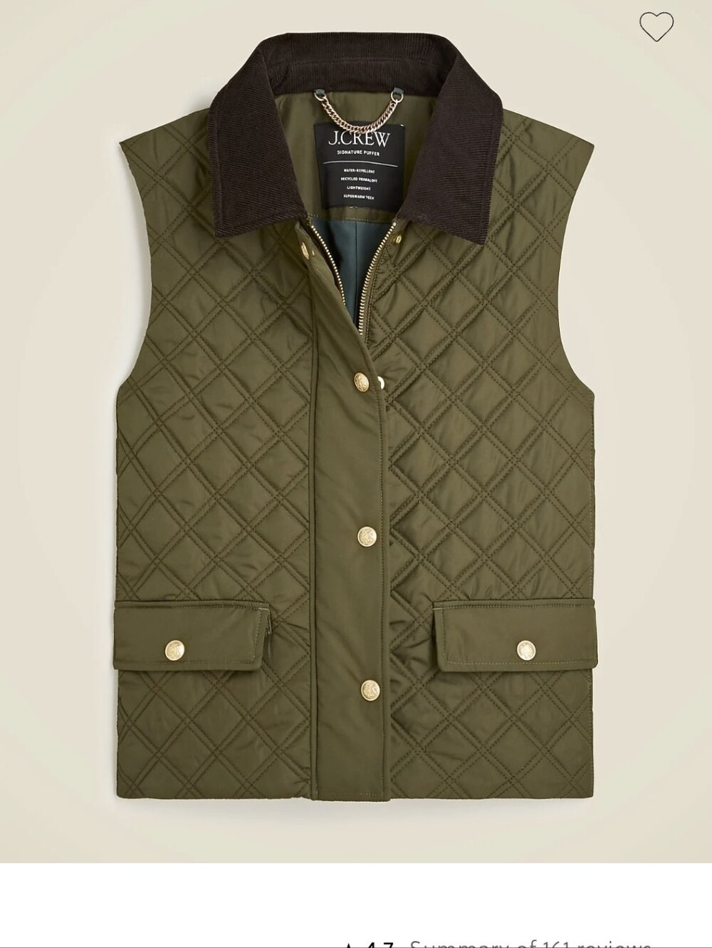 J. Crew Olive Quilted Baren  Vest with Black Corduroy Collar Sz.S